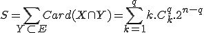 3$S=\sum_{Y\subset E} Card(X\cap Y)=\sum_{k=1}^{q} k.C_{k}^{q}.2^{n-q}